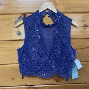 Love Reign Prom Formal Blue Beaded Crop Top Keyhole Sequins Embellished 13